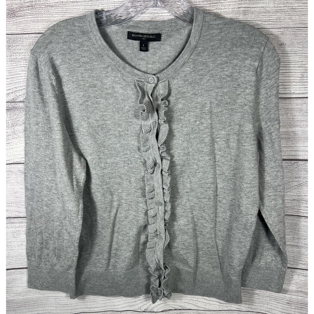 Banana Republic Button Front Ruffle Cardigan L Grey Office Long Sleeve